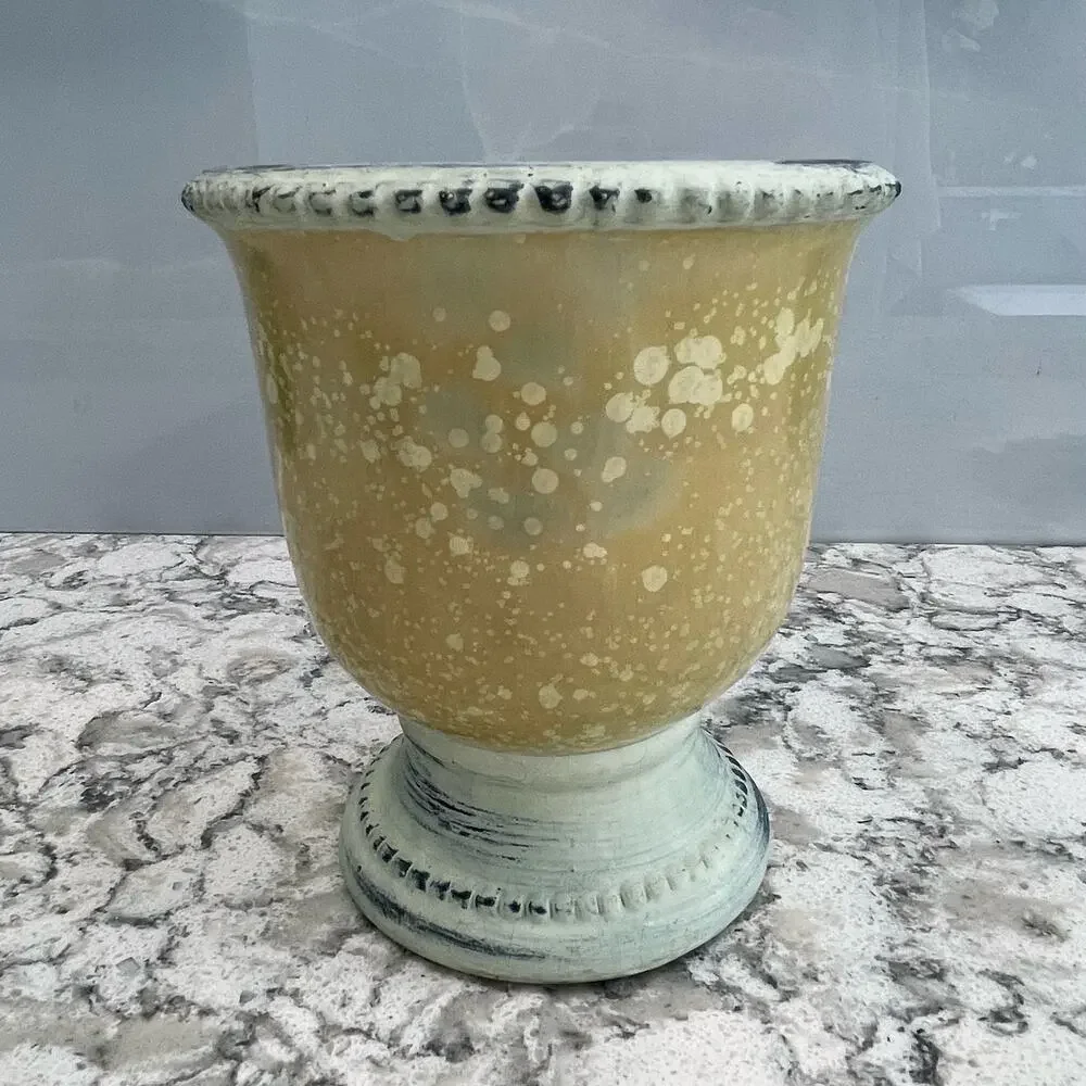 Urn shaped planter cream green speckled Greek decor home